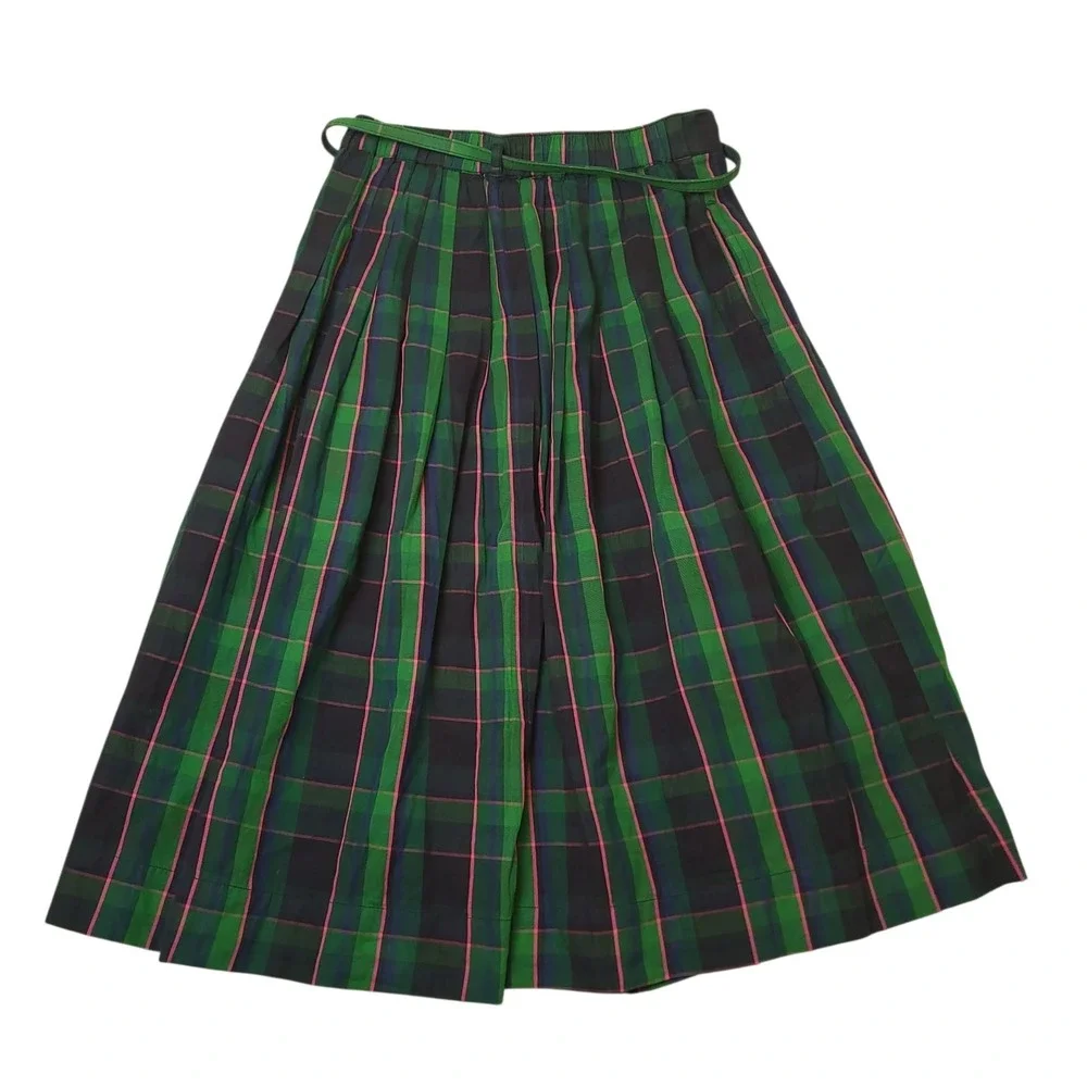 Free Assembly Womens Plaid Pleated Midi Skirt Sz Small Belted Academic Cotton